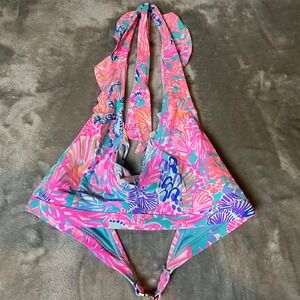 Womens Lilly Pulitzer Bikini Top Halter Neck Coral Shell Print Pink Blue size 8